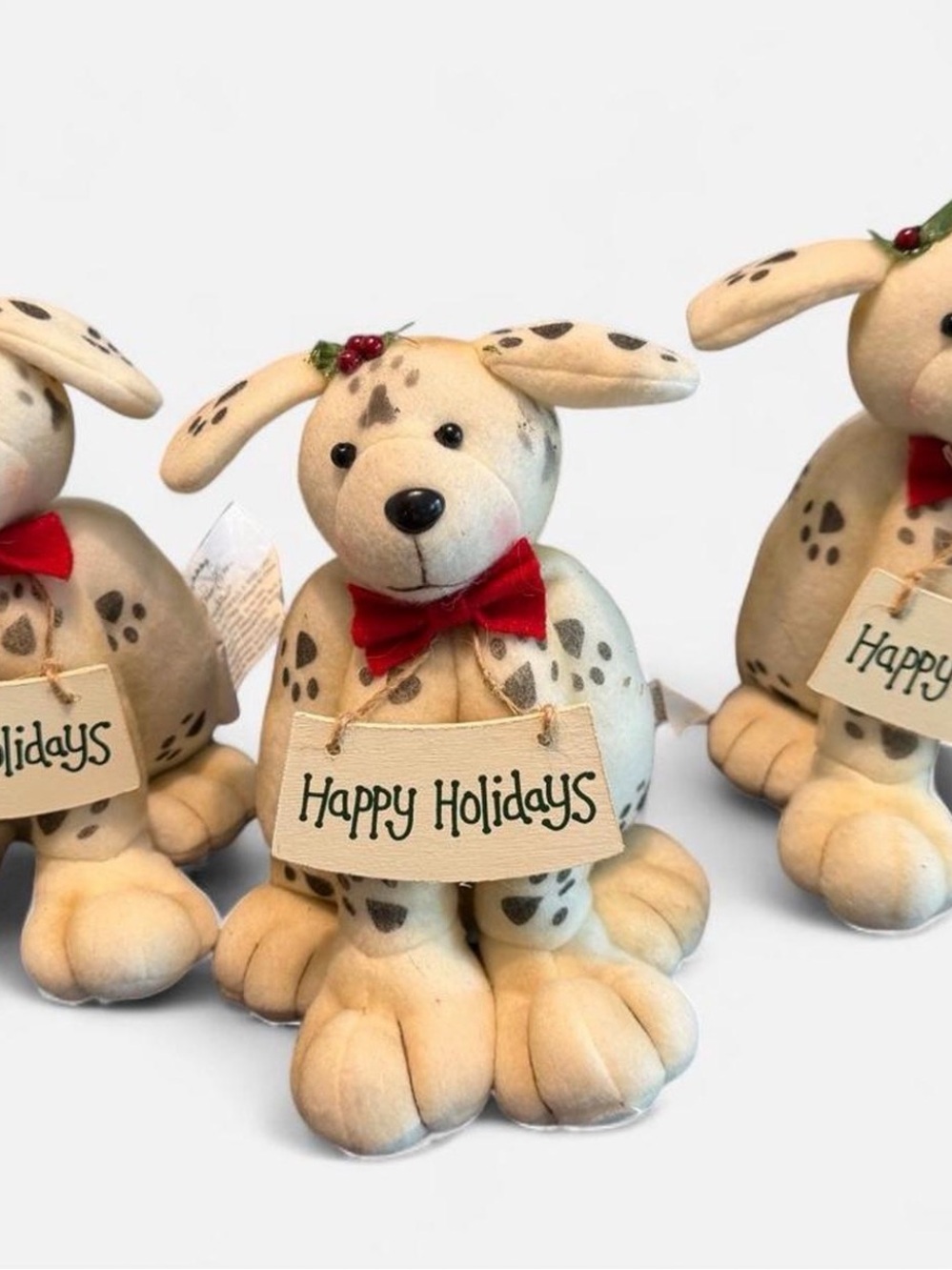 Holiday Spot Dog Plush with "Happy Holidays" Sign - Cream